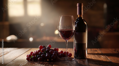 A refined wine presentation featuring a luxurious wine bottle, crystal glass, and scattered grapes on a polished wooden table, soft ambient light casting subtle shadows.