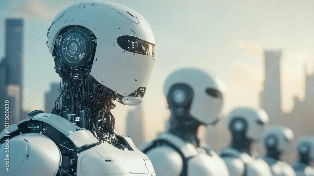 Several advanced humanoid robots stand in a futuristic city environment, showcasing technological progress, artificial intelligence, and robotics development..