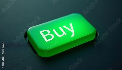  A close-up of a green BUY button on a dark background 