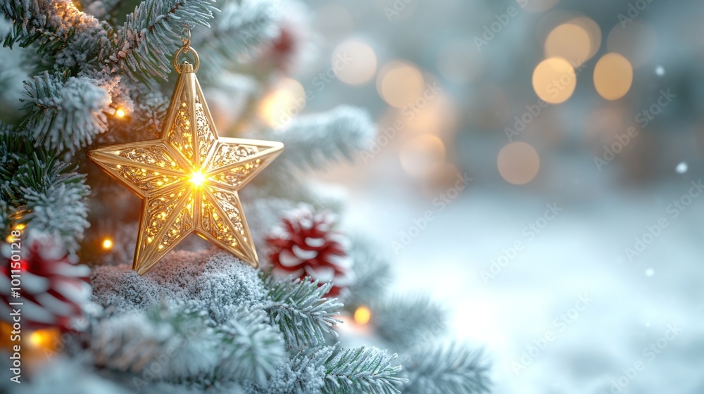 A beautiful golden star creates a warm glow on a frosty tree in winter A beautiful golden star creates a warm glow on a frosty tree in winter