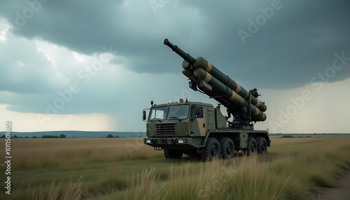 A military rocket launcher vehicle on a grassy field with a stormy sky in the background