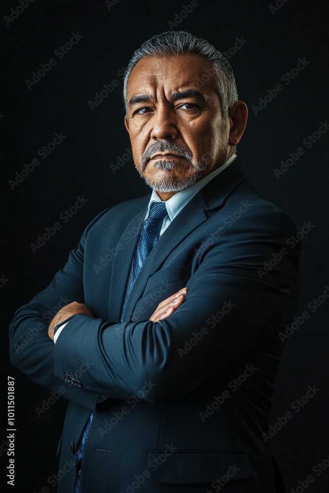 A resolute senior Hispanic man in a fitted suit, arms crossed and looking determined against a sleek black background, projecting strength and authority. A resolute senior Hispanic man in a fitted suit, arms crossed and looking determined against a sleek black background, projecting strength and authority.