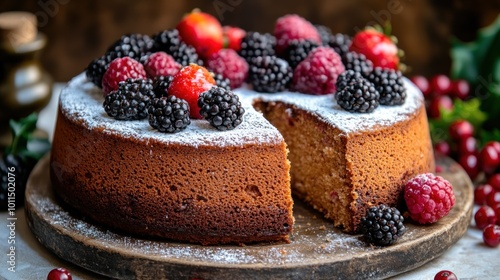 A beautifully baked cake adorned with fresh berries sits invitingly on a wooden board