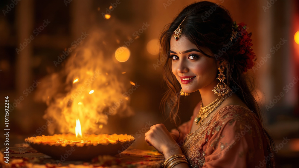 a girl celebrating diwali A young girl in a traditional lehenga holds a glowing diya in her hands a girl celebrating diwali A young girl in a traditional lehenga holds a glowing diya in her hands