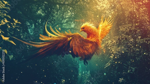 Golden Phoenix in Forest photo