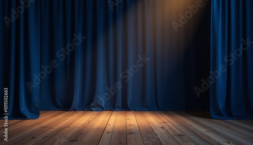 stage with a dark blue curtain backdrop and a wooden floor in the foreground, with warm lighting creating a cozy created with generative ai 