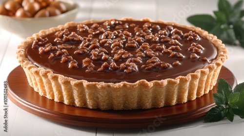 This rich chocolate pecan pie with a golden crust offers an inviting dessert experience