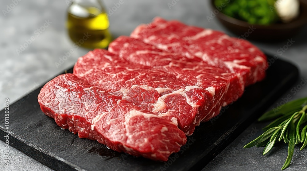 Juicy cuts of beef await seasoning and cooking, enhancing their rich flavor Juicy cuts of beef await seasoning and cooking, enhancing their rich flavor