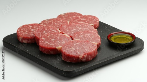 Juicy, marbled beef cuts are presented on a slate surface, ready for cooking