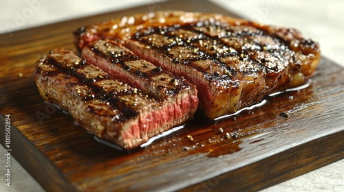 A succulent grilled steak, perfectly cooked, exuding mouthwatering aromas and flavors