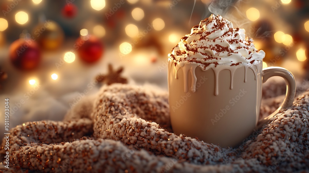 A steaming cup of hot chocolate with whipped cream, cozy blanket and holiday decorations in the background. Soft light from festive lights creating a warm, inviting holiday scene. A steaming cup of hot chocolate with whipped cream, cozy blanket and holiday decorations in the background. Soft light from festive lights creating a warm, inviting holiday scene.