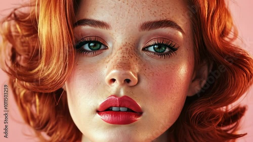 Wallpaper Mural A woman with bright red hair and freckles gazes directly at the camera, her lips painted a bold red Torontodigital.ca