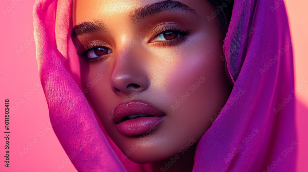 Beauty cosmetics magazine photo featuring a young adult Arabian woman with luminous skin and refined pink lips, captured in a vibrant, artistic style. Beauty cosmetics magazine photo featuring a young adult Arabian woman with luminous skin and refined pink lips, captured in a vibrant, artistic style.