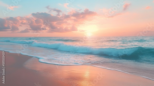 serene beach scene with pastel colors calm ocean waves ,tranquil sky