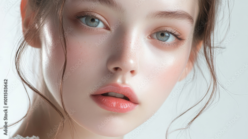 Beauty cosmetics magazine photo featuring a young adult Japanese woman with clear skin and delicate pink lips, enhanced by gentle natural lighting. Beauty cosmetics magazine photo featuring a young adult Japanese woman with clear skin and delicate pink lips, enhanced by gentle natural lighting.
