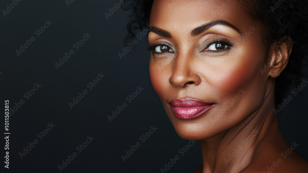 Beauty cosmetics magazine photo of a middle-aged African American woman with glowing skin and natural pink lips, radiating beauty and confidence. Beauty cosmetics magazine photo of a middle-aged African American woman with glowing skin and natural pink lips, radiating beauty and confidence.