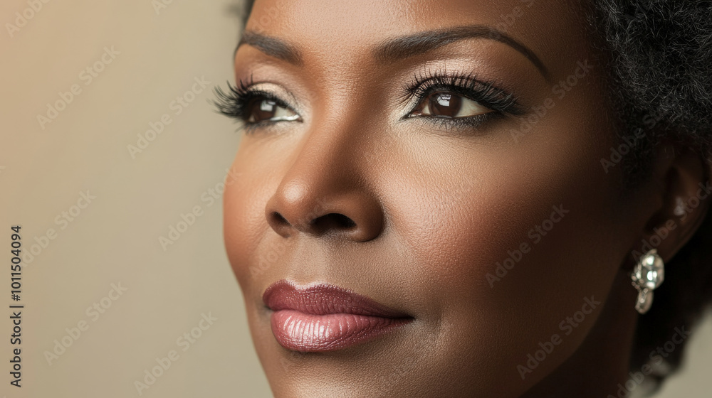 Fototapeta premium Beauty cosmetics magazine photo of a middle-aged Black woman with smooth skin and elegant pink lips, bathed in soft lighting.