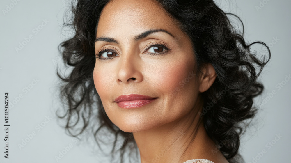 Beauty cosmetics magazine photo of a middle-aged Hispanic woman with glowing skin and natural pink lips, exuding classic beauty. Beauty cosmetics magazine photo of a middle-aged Hispanic woman with glowing skin and natural pink lips, exuding classic beauty.