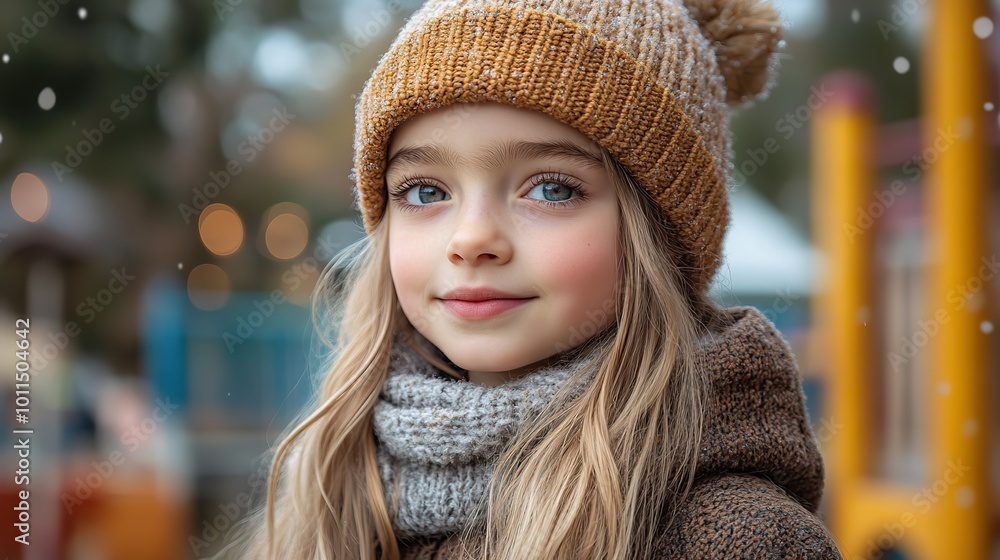 side view portrait of cute young girl with beanie hat girl with long hair standing on playground in the city side view portrait of cute young girl with beanie hat girl with long hair standing on playground in the city