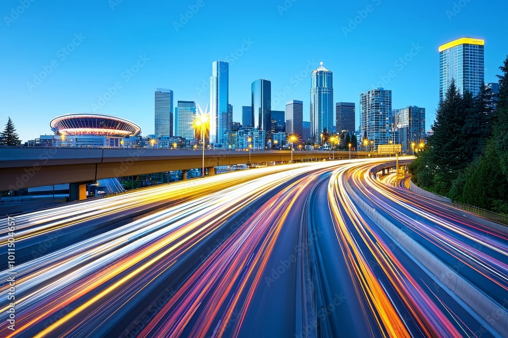 Fototapeta premium As Seattle commuters exit and enter the city in the evening