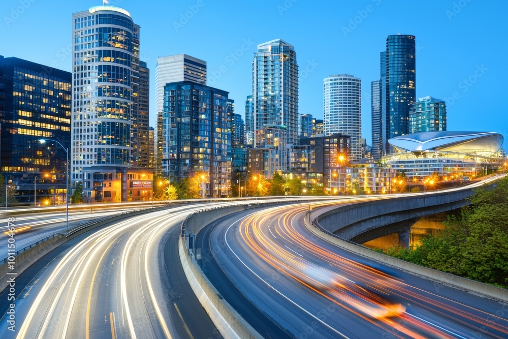 The evening commute in and out of Seattle is illuminated by light trails The evening commute in and out of Seattle is illuminated by light trails