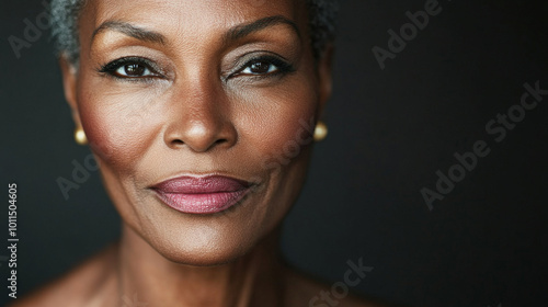 Beauty cosmetics magazine photo of a senior African American woman with beautifully smooth skin and soft pink lips, highlighting her timeless beauty.