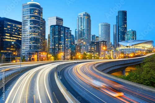 The evening commute in and out of Seattle is illuminated by light trails