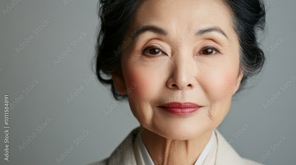 Beauty cosmetics magazine photo of a senior Japanese woman with beautifully smooth skin and soft pink lips, showcasing timeless beauty. Beauty cosmetics magazine photo of a senior Japanese woman with beautifully smooth skin and soft pink lips, showcasing timeless beauty.