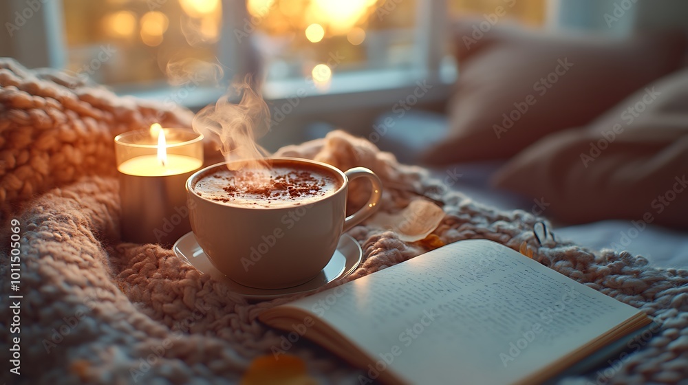 Hot chocolate on a bedside table, surrounded by a lit candle, an open notebook, and glasses. Soft, warm light from the candle, steam rising gently. Cozy, serene atmosphere. Hot chocolate on a bedside table, surrounded by a lit candle, an open notebook, and glasses. Soft, warm light from the candle, steam rising gently. Cozy, serene atmosphere.