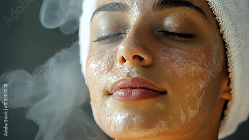 A woman is getting a facial treatment with steam and a white mask