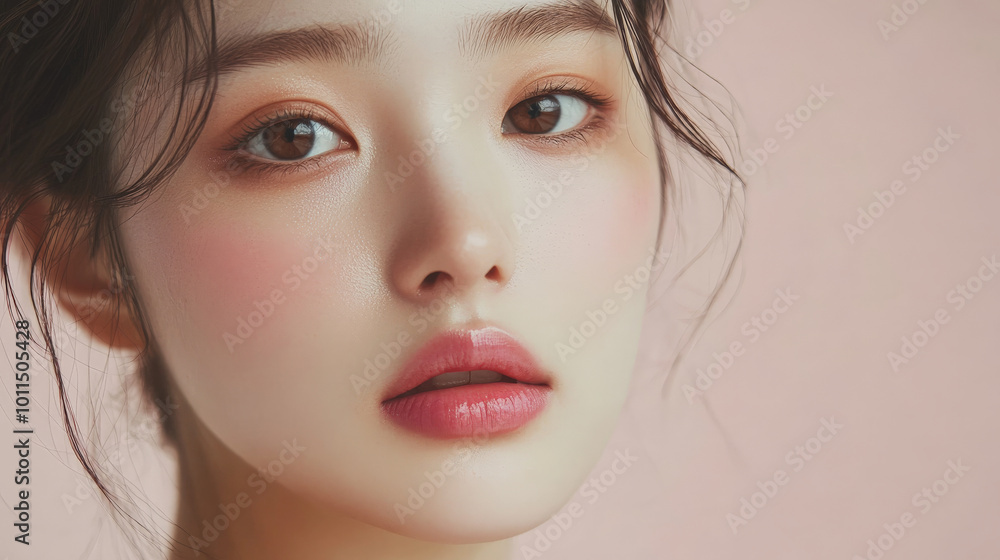 Beauty cosmetics magazine photo of a young adult Japanese woman with clear, radiant skin and soft pink lips, captured in a minimalist style. Beauty cosmetics magazine photo of a young adult Japanese woman with clear, radiant skin and soft pink lips, captured in a minimalist style.