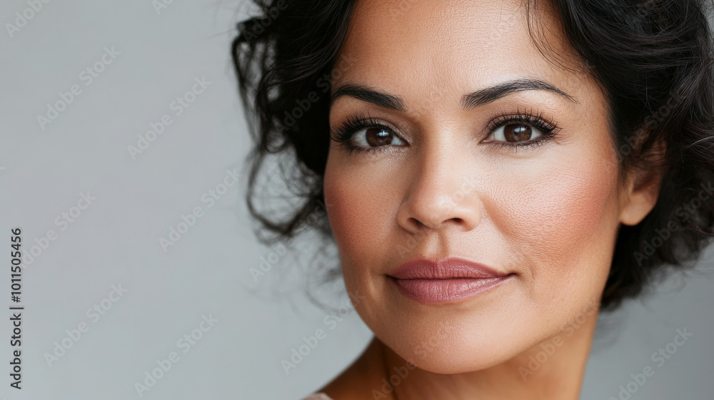Beauty cosmetics magazine photo showcasing a middle-aged Hispanic woman with flawless skin and subtle pink lips, exuding confidence and grace. Beauty cosmetics magazine photo showcasing a middle-aged Hispanic woman with flawless skin and subtle pink lips, exuding confidence and grace.