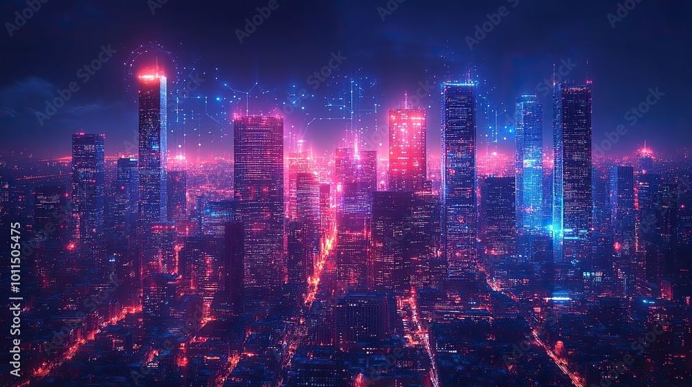 Fototapeta premium smart city on dark blue background featuring intelligent infrastructure ,connected buildings this futuristic cityscape showcases iot 5g ,ai integration generative ai