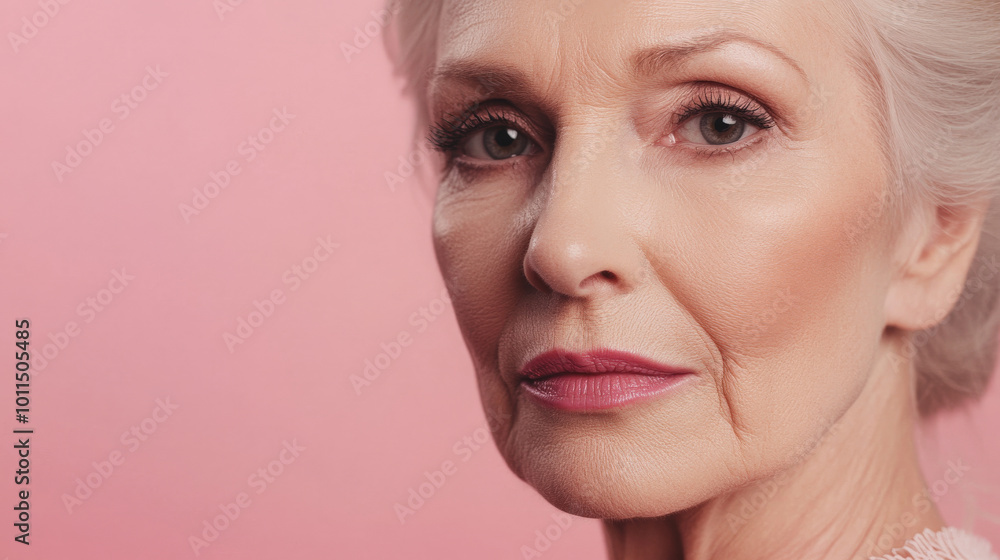 Beauty cosmetics magazine photo showcasing a senior Caucasian woman with glowing skin and soft pink lips, celebrating beauty in age. Beauty cosmetics magazine photo showcasing a senior Caucasian woman with glowing skin and soft pink lips, celebrating beauty in age.