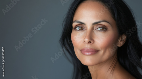 Beauty cosmetics magazine photo showcasing a middle-aged Hispanic woman with flawless skin and subtle pink lips, exuding confidence and grace. photo