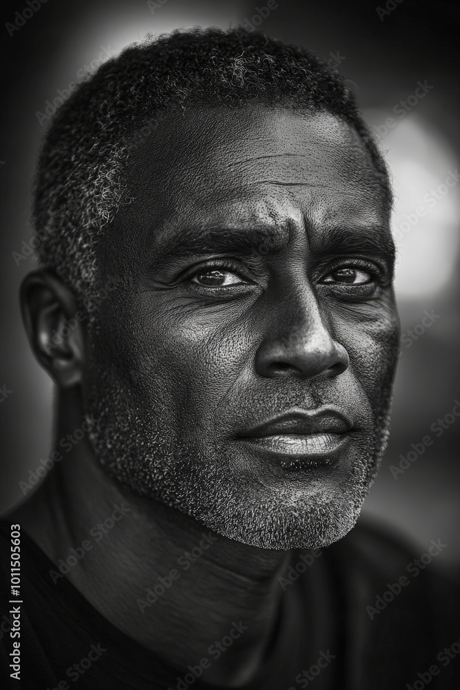 Black and white portrait of a middle-aged Black man with neatly trimmed hair, clear skin, and deep, reflective eyes, captured in soft natural daylight. Black and white portrait of a middle-aged Black man with neatly trimmed hair, clear skin, and deep, reflective eyes, captured in soft natural daylight.
