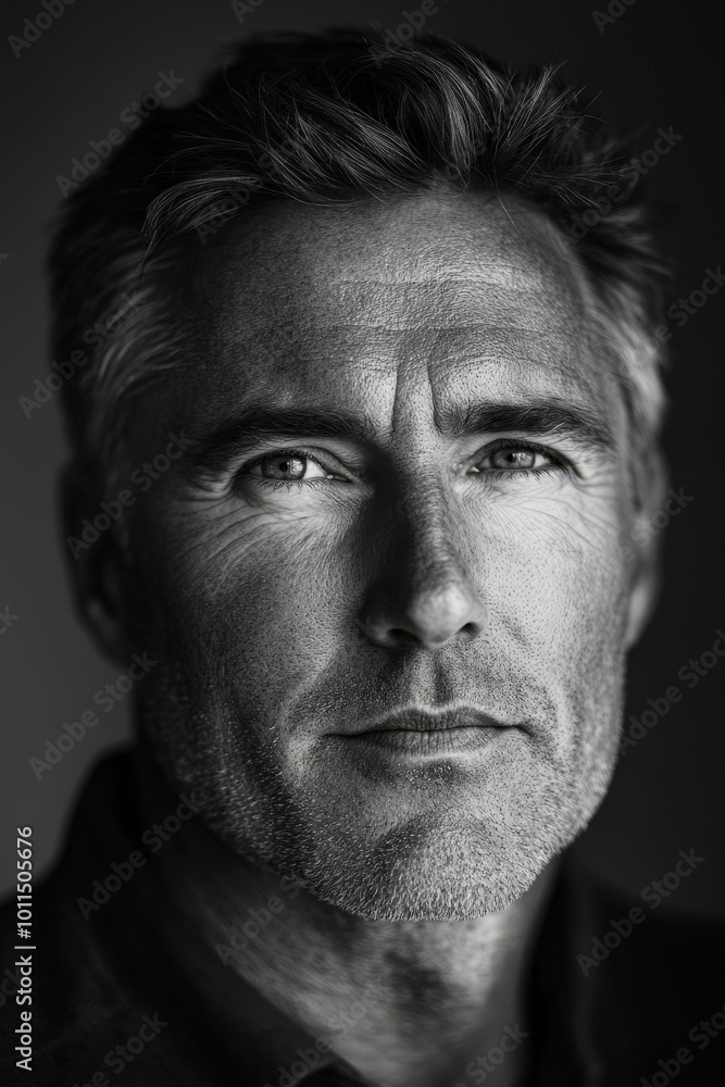 Black and white portrait of a middle-aged Caucasian man with neat hair, clear skin, and deep, thoughtful eyes, in natural daylight. Black and white portrait of a middle-aged Caucasian man with neat hair, clear skin, and deep, thoughtful eyes, in natural daylight.