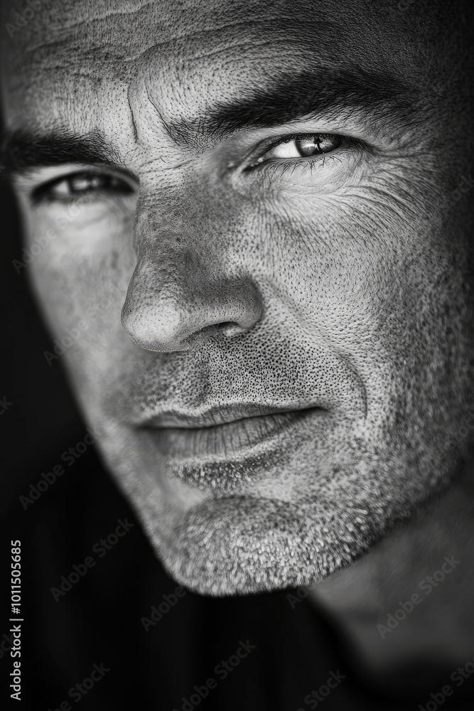 Black and white portrait of a middle-aged Caucasian man with neat hair, clear skin, and deep, thoughtful eyes, in natural daylight. Black and white portrait of a middle-aged Caucasian man with neat hair, clear skin, and deep, thoughtful eyes, in natural daylight.
