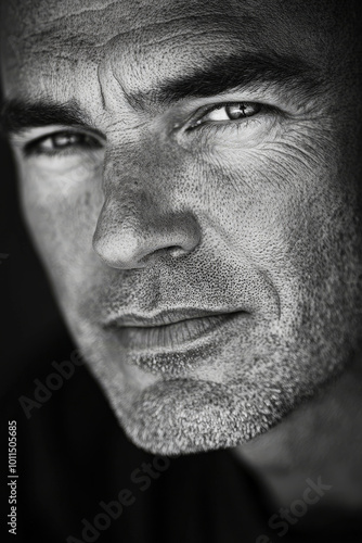 Black and white portrait of a middle-aged Caucasian man with neat hair, clear skin, and deep, thoughtful eyes, in natural daylight.