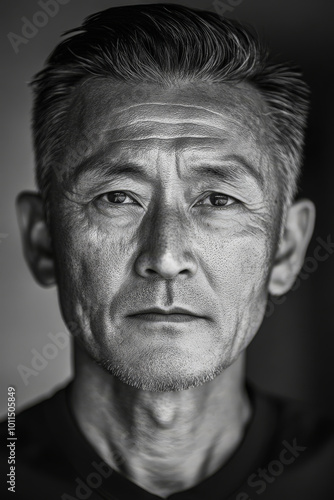 Black and white portrait of a middle-aged Japanese man with short, slicked-back hair, clear skin, and calm, wise eyes, in soft natural daylight.