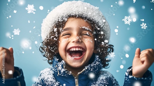 joyfull happy kid laughing whilst snowflakes are raining, professional photo shoot on studio, solid blue background, 