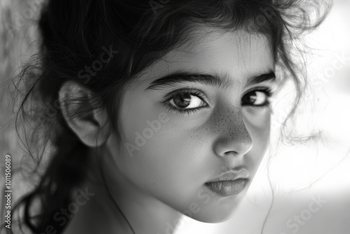 Black and white portrait of a school-age Arabian girl with her hair up, glowing clear skin, and attentive eyes, staring into the distance in natural daylight.