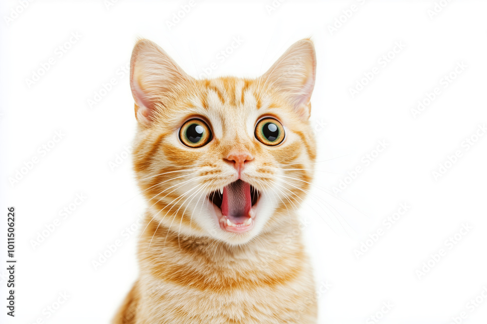 A close-up portrait of a ginger cat with wide eyes and open mouth, appearing to meow or express surprise. The white background emphasizes the cat’s playful expression A close-up portrait of a ginger cat with wide eyes and open mouth, appearing to meow or express surprise. The white background emphasizes the cat’s playful expression
