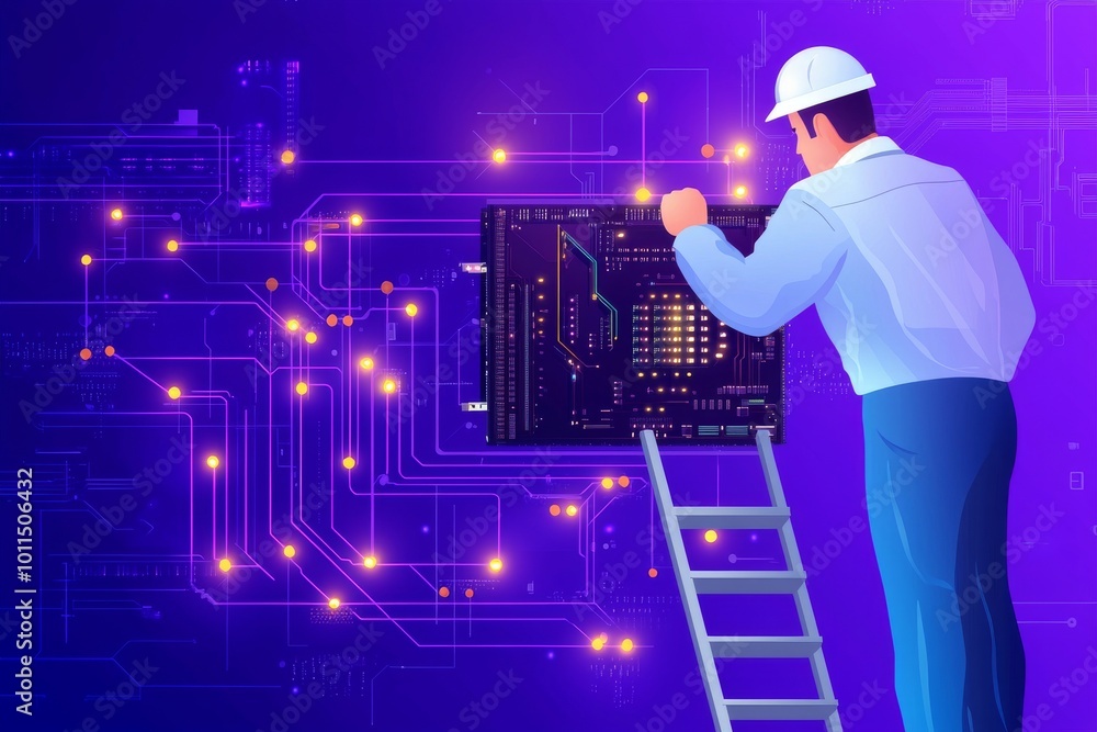 Naklejka premium In a telephone exchange, cables are laid by a worker standing on the stairs that commutes telephone wires. The engineers work in the server rooms of the data centers.