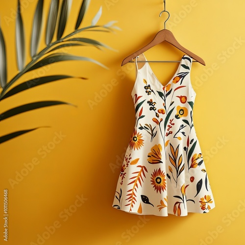 A colorful summer dress adorned with vibrant floral patterns, hanging on a hanger against a bright, cheerful background. The lively colors and playful design of the dress evoke a sense of warmth and j photo