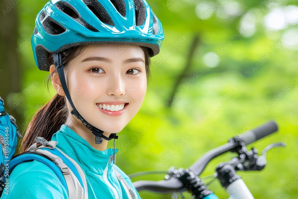 Woman wearing bicycle helmet for biking commute. Safety for cyclists. Woman wearing bicycle helmet for biking commute. Safety for cyclists.