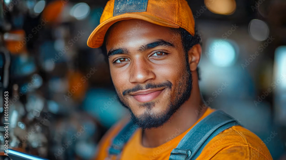 Portrait of a male mechanic in a garage, exuding strength and focus while wearing a work uniform Portrait of a male mechanic in a garage, exuding strength and focus while wearing a work uniform