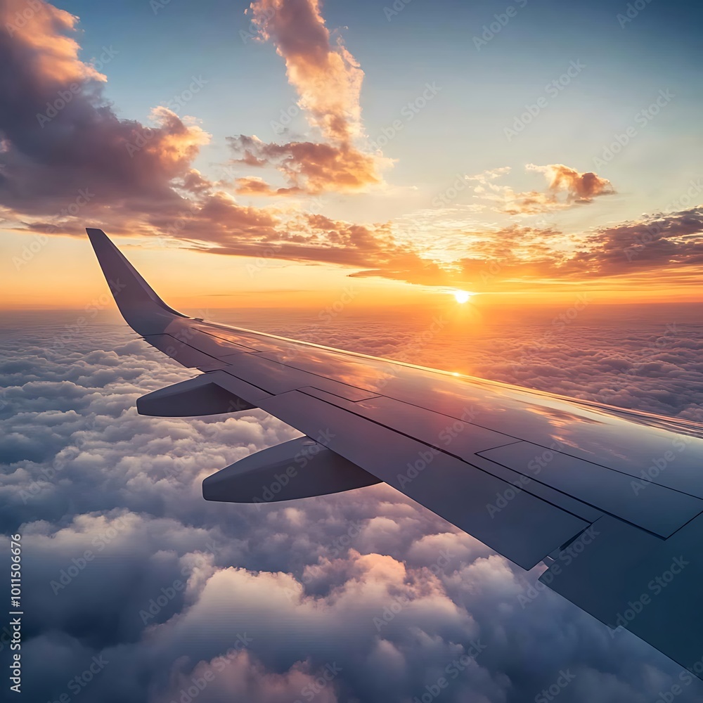 Stunning view of sunset clouds from airplane wing perspective image Stunning view of sunset clouds from airplane wing perspective image