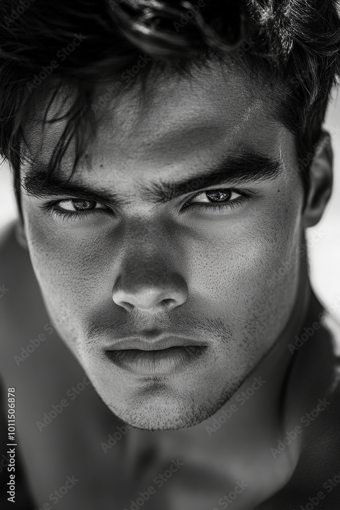 Black and white portrait of a young adult Brazilian man with neat hair, clear skin, and intense eyes, gazing confidently in natural daylight. Black and white portrait of a young adult Brazilian man with neat hair, clear skin, and intense eyes, gazing confidently in natural daylight.