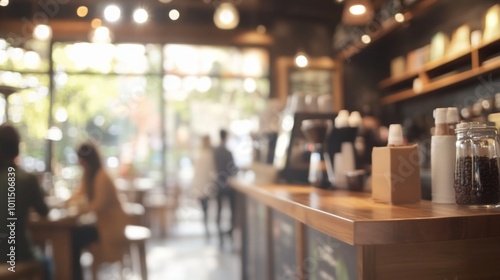 Cozy coffee shop interior with warm lighting, wooden counter, and blurred patrons creating an inviting atmosphere for relaxation and socializing.